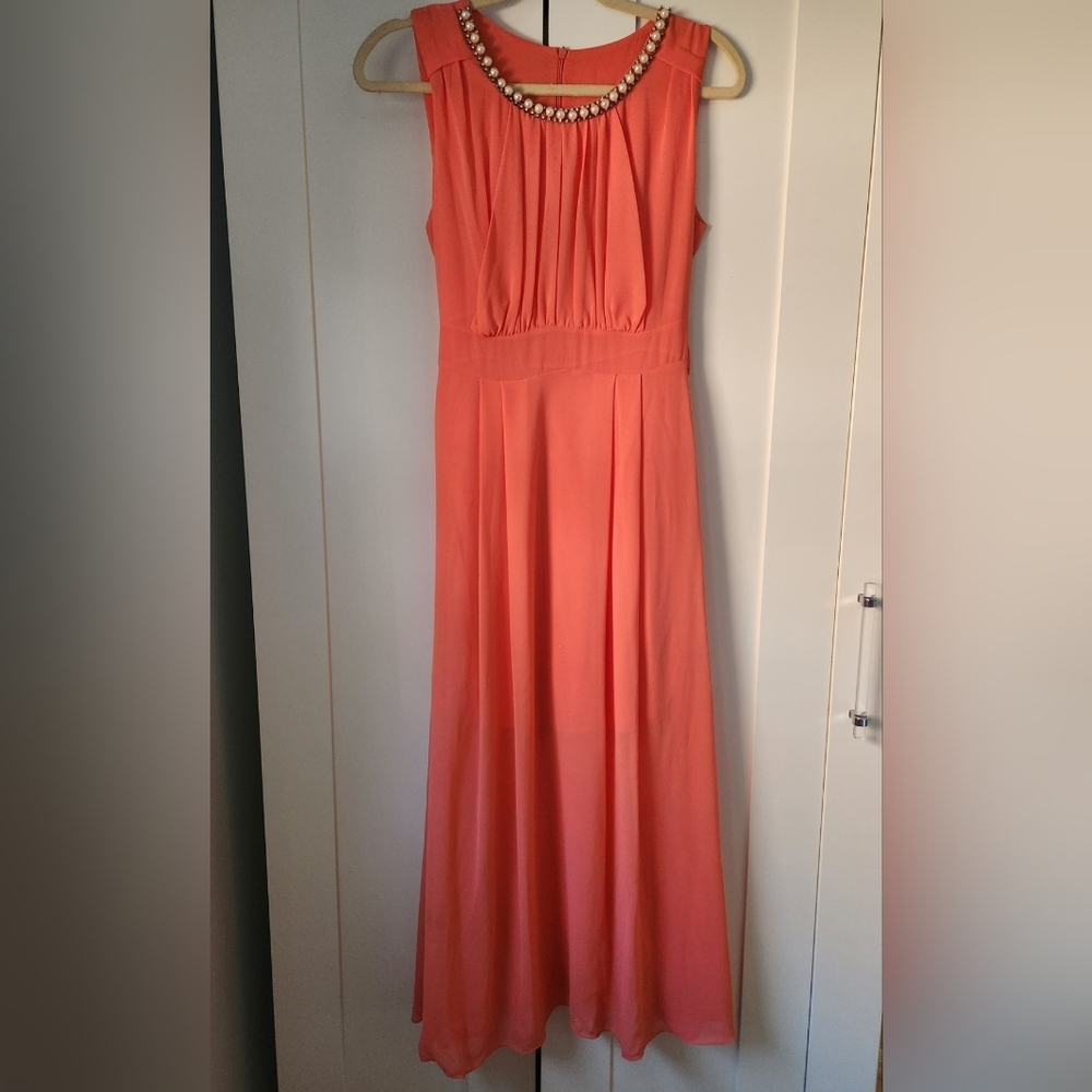 Coral Maxi Dress With Faux Pearls Neckline